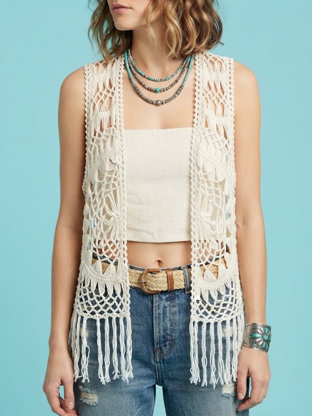 White Open-Knit Fringe Vest